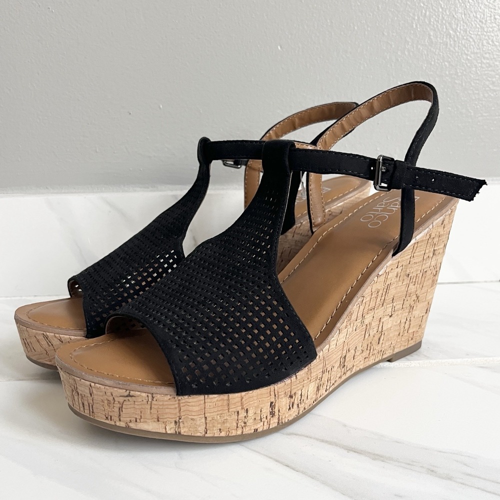 Franco Sarto Clinton2 Cork Wedge Sandals 4" Perforated Faux Suede Size 10 M **